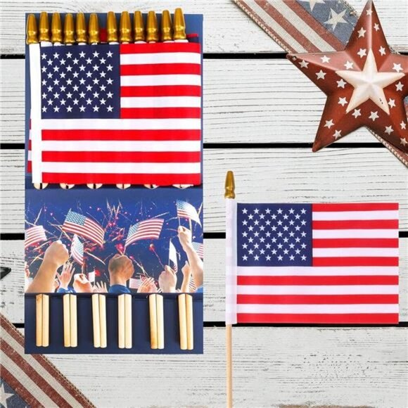 12 Pcs Small American Flags On Stick, Patriotic Decorations Small 4"x6" - Picture 2 of 7